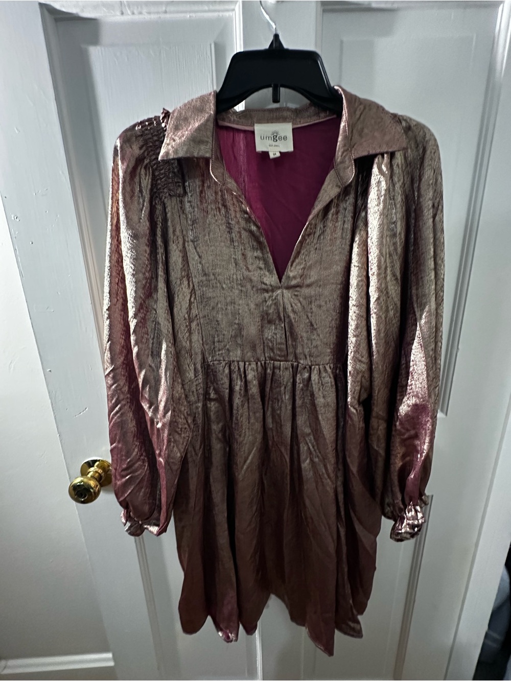 Umgee Metallic Rose-Blend Button V-Neck Babydoll Dress